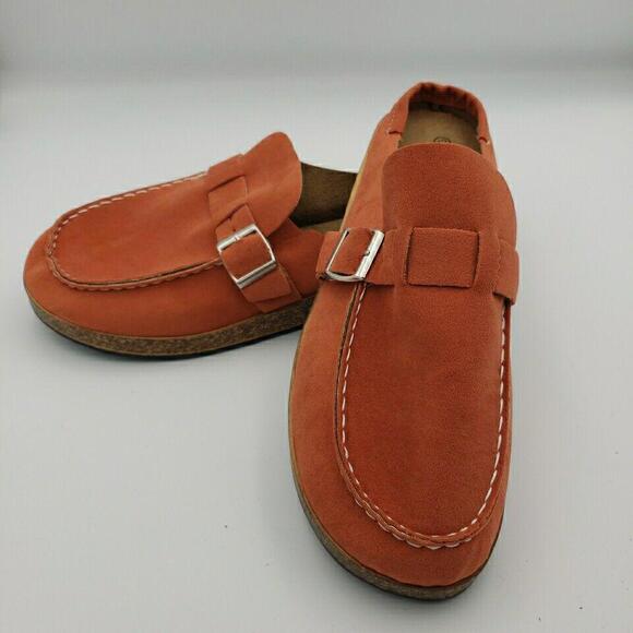 Burnt Orange Open Back Loafer Slip In Womens 42 9.5 Buckle Cork‎ Like Heel Light - Picture 1 of 11